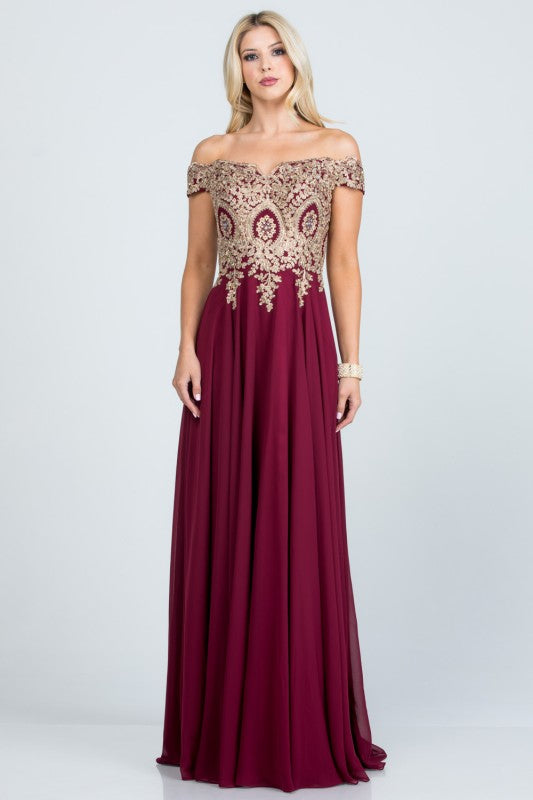 Off Shoulder Evening Gown – Gold Lace Appliqué Chiffon Dress for Women Burgundy ae65cc2f-b2d5-4c8b-95a7-6d4cddd0c236