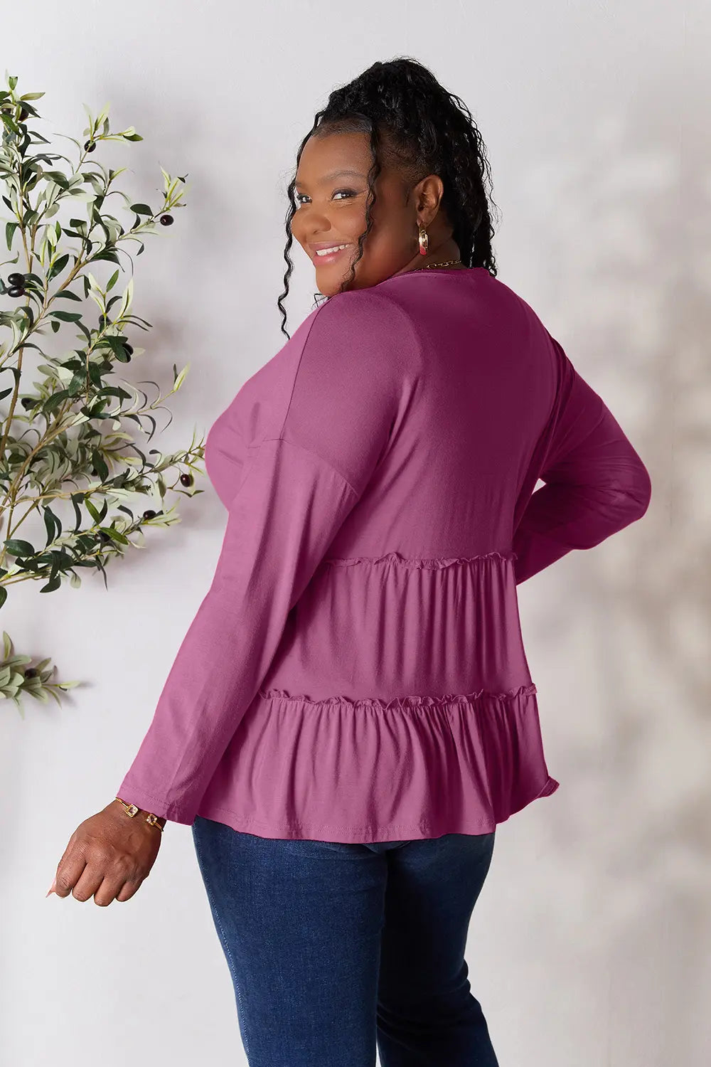 Double Take Half Button Long Sleeve Ruffle Hem Blouse ae6aff1304c84a29a7cff820fbef0bbd-Max