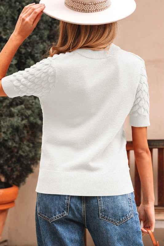 Fish Scale Textured Knit Short Sleeve Sweater ae6ba92b-5aac-44b5-893c-527b57c724b1