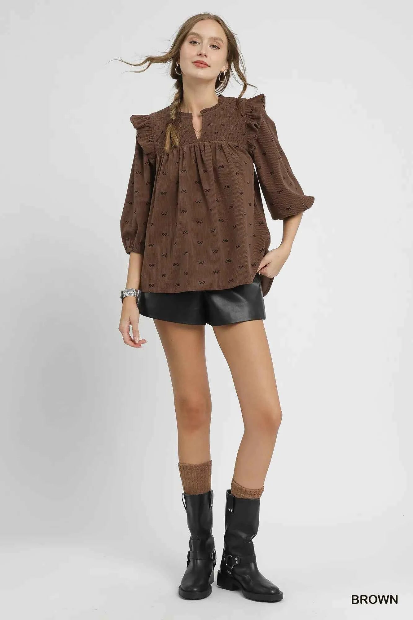 Umgee Bow Print Corduroy Puff Sleeve Blouse with Ruffled ae6bfcd1-78a5-4f96-97d1-dc43d3b090eb-Max-Origin