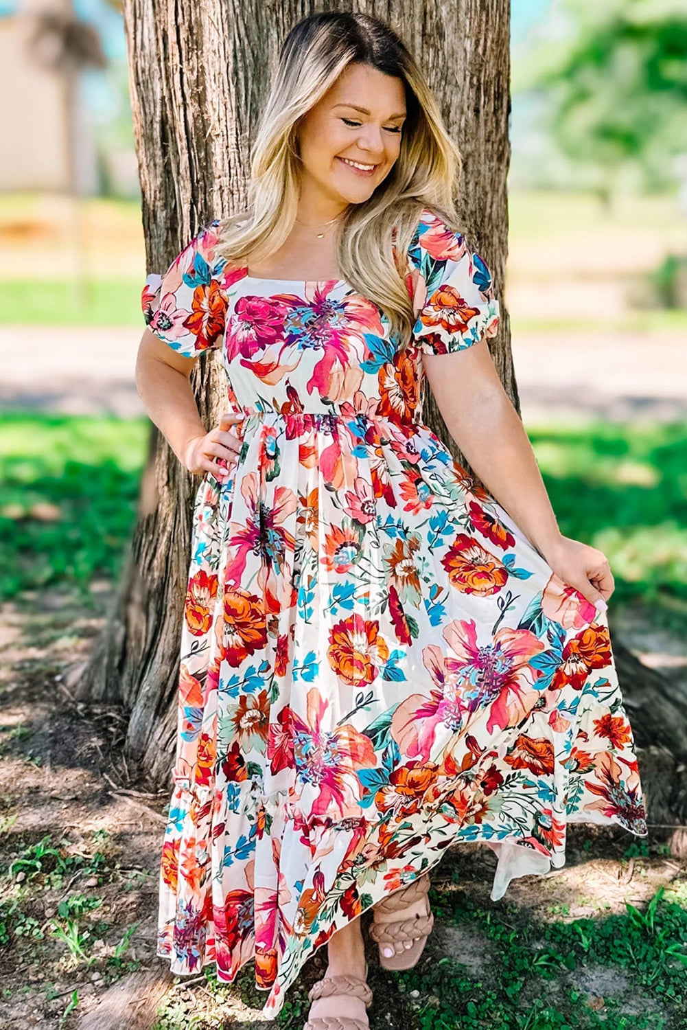 White Floral Square Neck Puff Sleeve Flowy Plus Size Midi Dress ae6c5e2d5a8b40b3