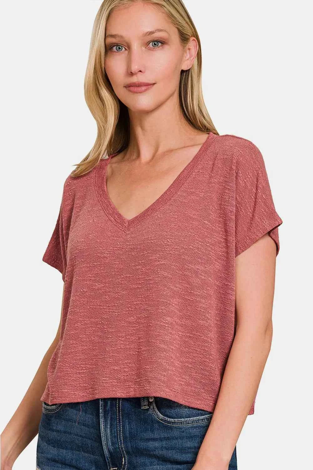 Zenana V-Neck Short Sleeve Crop T-Shirt Winter Rose ae6c72d6-afdd-45af-94f4-f22bae6557fb-Max