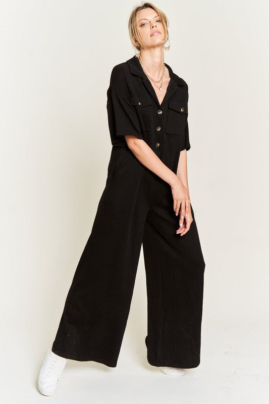 Basic Collar Shirt Wide leg Jumpsuit BLACK ae6c8f38-4931-4d15-bfdd-fc4c7040c7bc