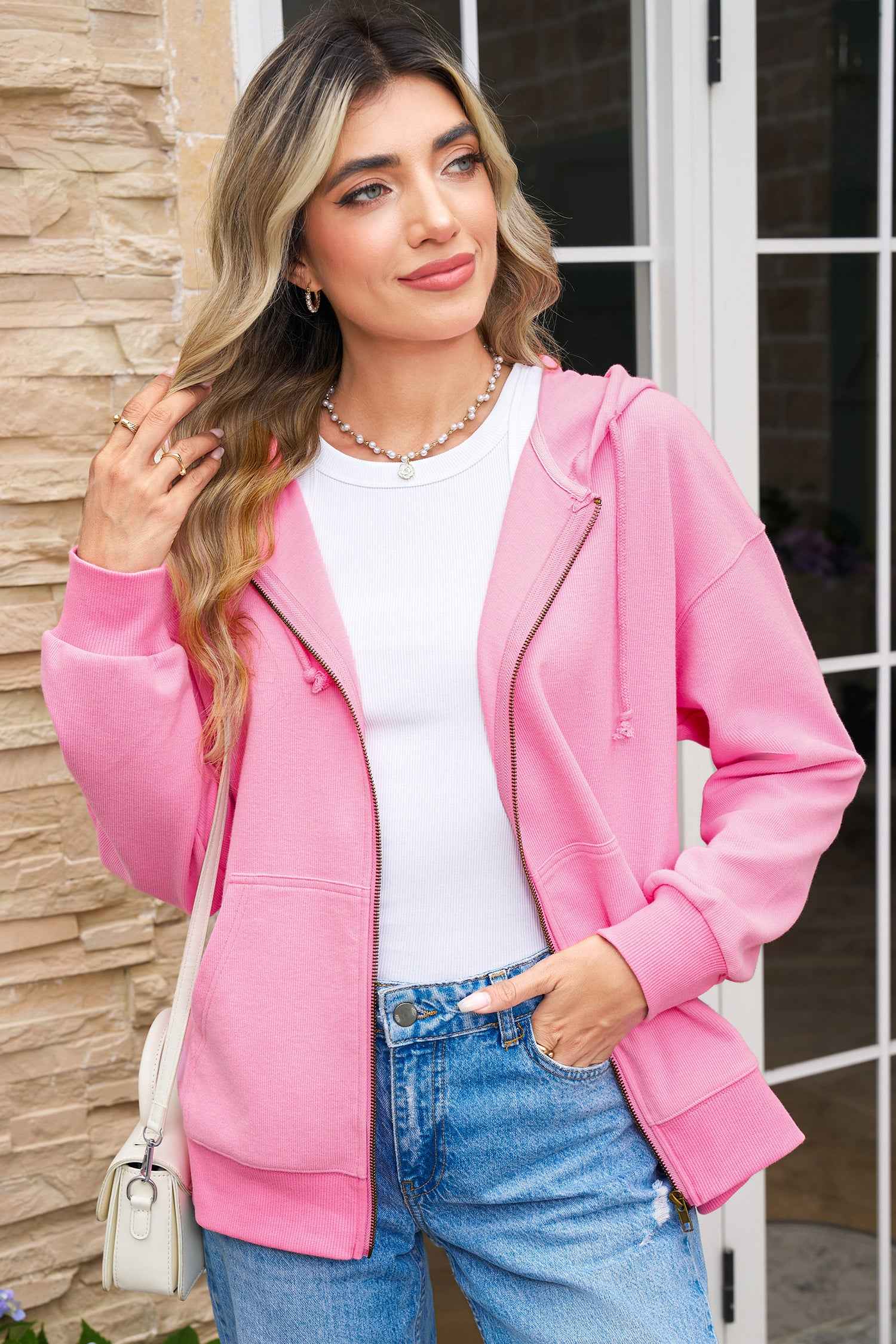 Sachet Pink Corduroy Zip Up Hooded Casual Jacket ae6d40070822eff8