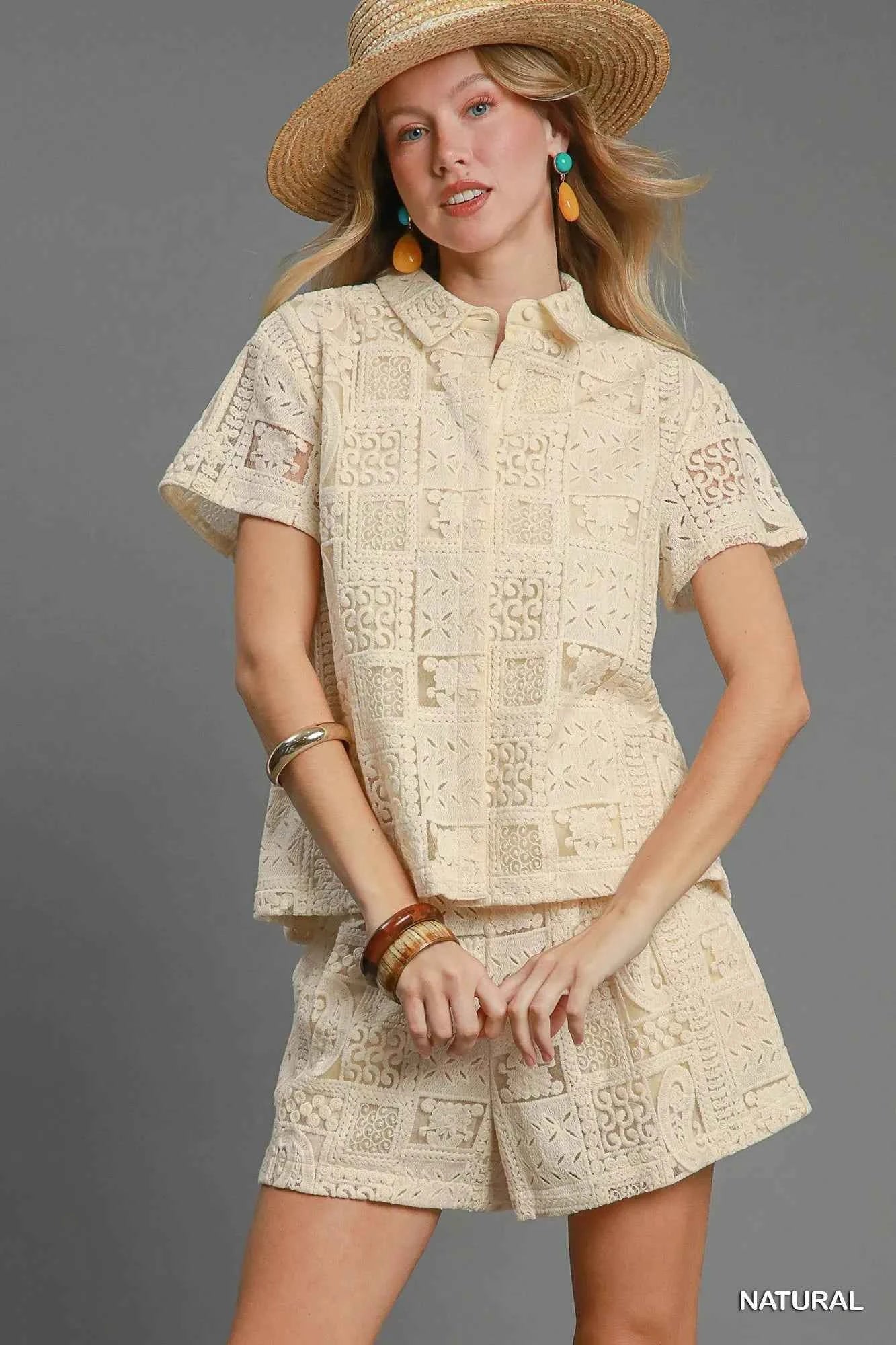 Umgee Patch Lace Short Sleeve Button Down Shirt