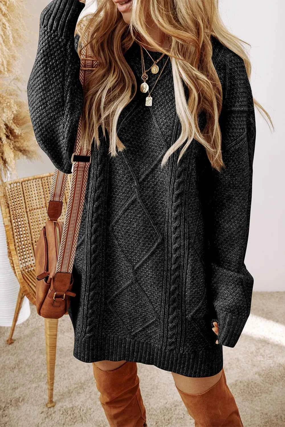 Cable-Knit Round Neck Sweater Dress Black ae7742c3-572d-4a79-821d-c94489999499-Max