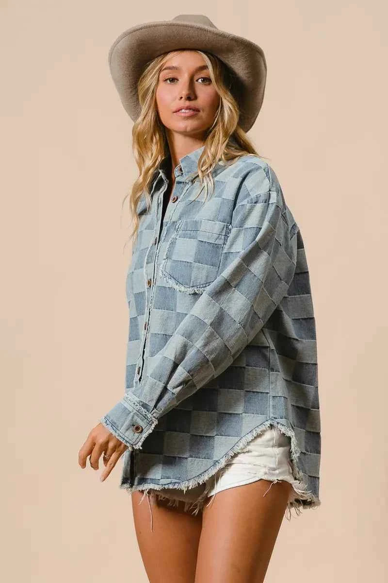 BiBi Frayed Edged Detail Washed Checker Denim Shirt ae84010865cc417a842a404fc19fcce1-Max-Origin