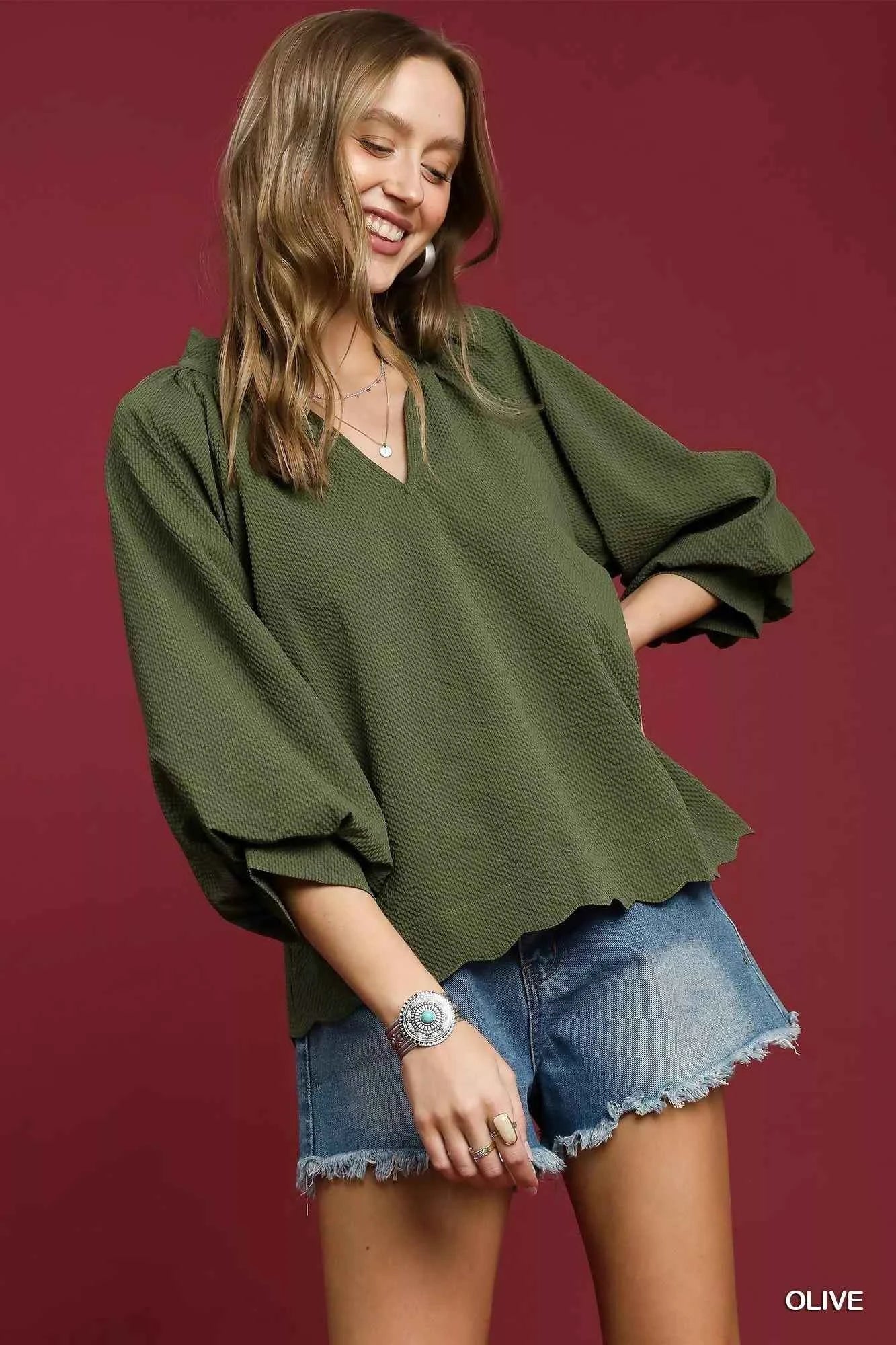 Umgee Full Size Textured Notched Balloon Sleeve Blouse Plus Size Olive ae845ea2-ee4d-42fa-a2fb-4d471d418a77-Max-Origin