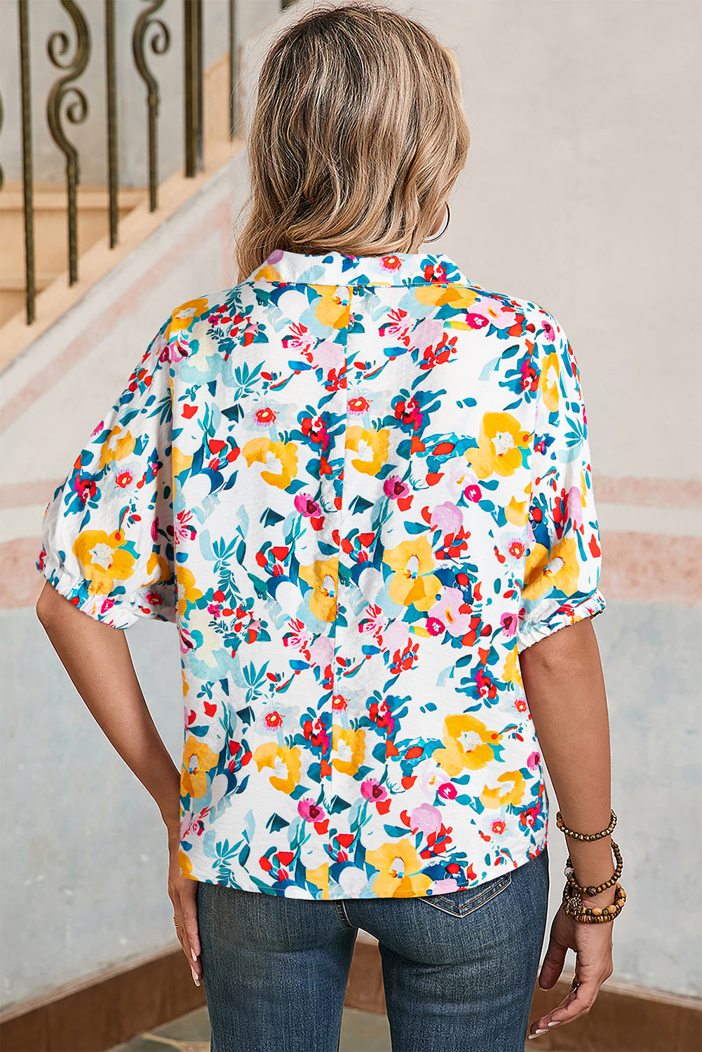 Pink Floral Print Boho Pop of Color Neckline Blouse ae887ed0f36653bf