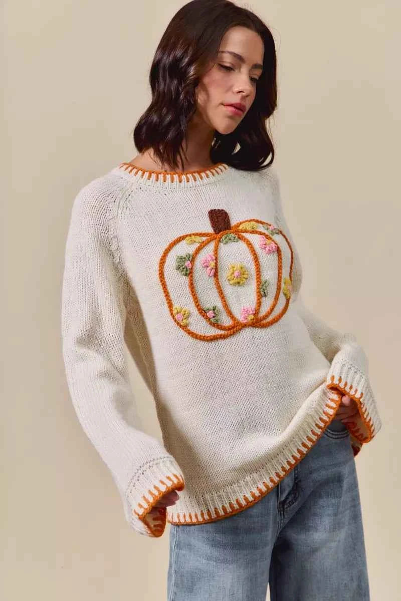 SO ME Pumpkin Floral Embroidered Thanksgiving Sweater ae89a8b7598c4e84895b9cb0209fb4b3-Max-Origin