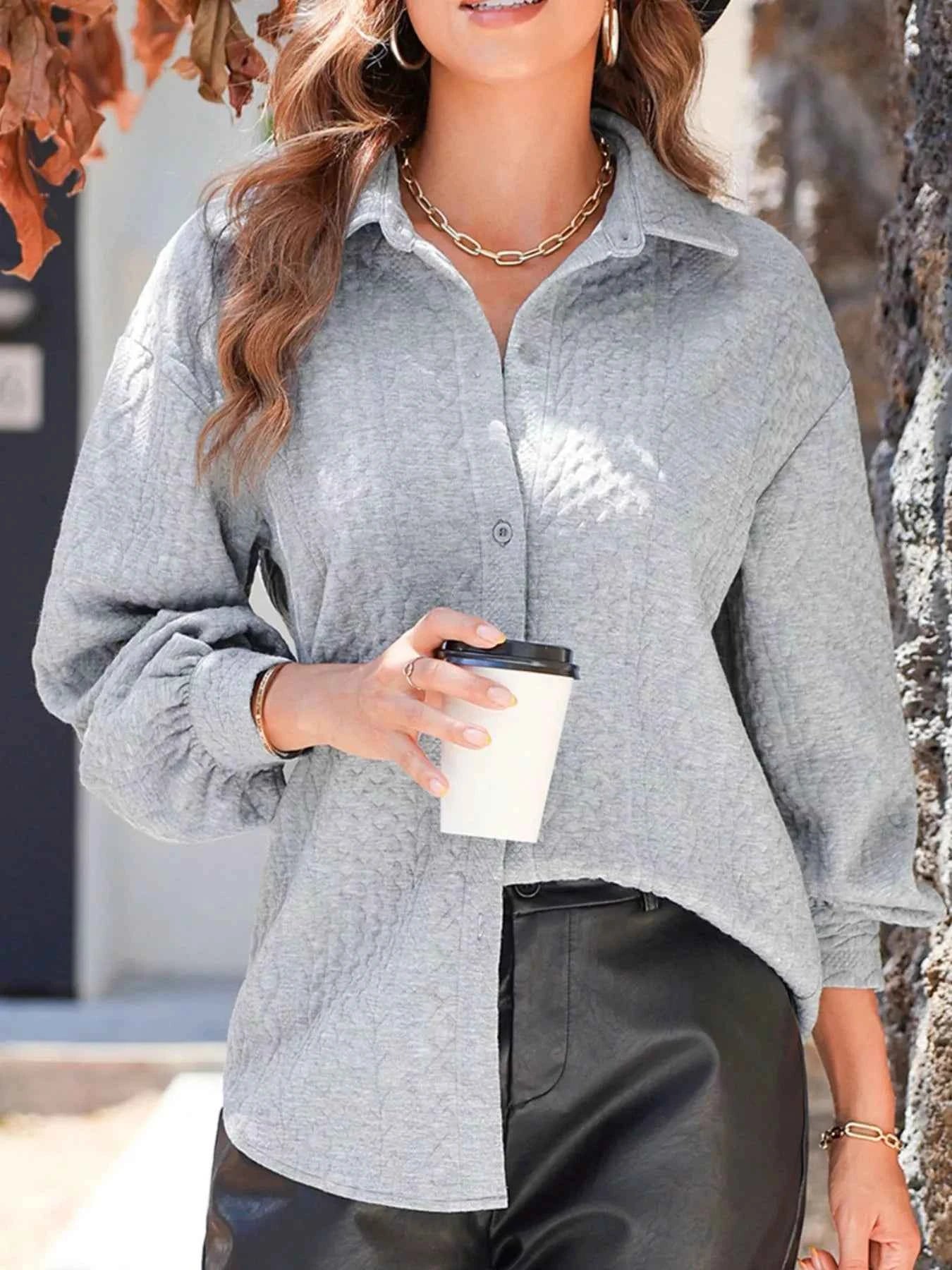 Cable Texture Puff Sleeve Loose Shacket ae8d8c77-7ae2-4618-bfca-7342a3fc2568-Max-Origin