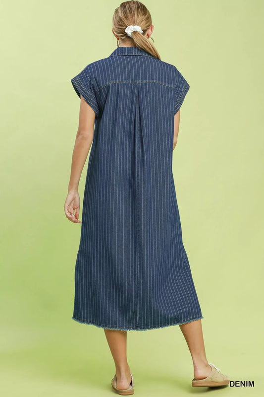 Pinstripe Denim Collared Midi Dress with Side Slits ae9172dc-8f75-4e83-b950-82e650ddda4f-Max-Origin