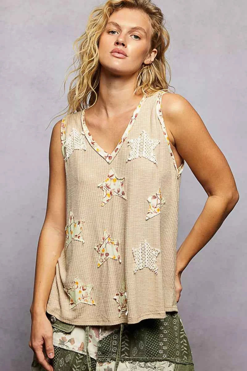 POL Washed Ribbed V-Neck Tank with Floral Print Star Patch ae9447eb-16b6-47c0-bdc5-a95cc5238b98-Max-Origin