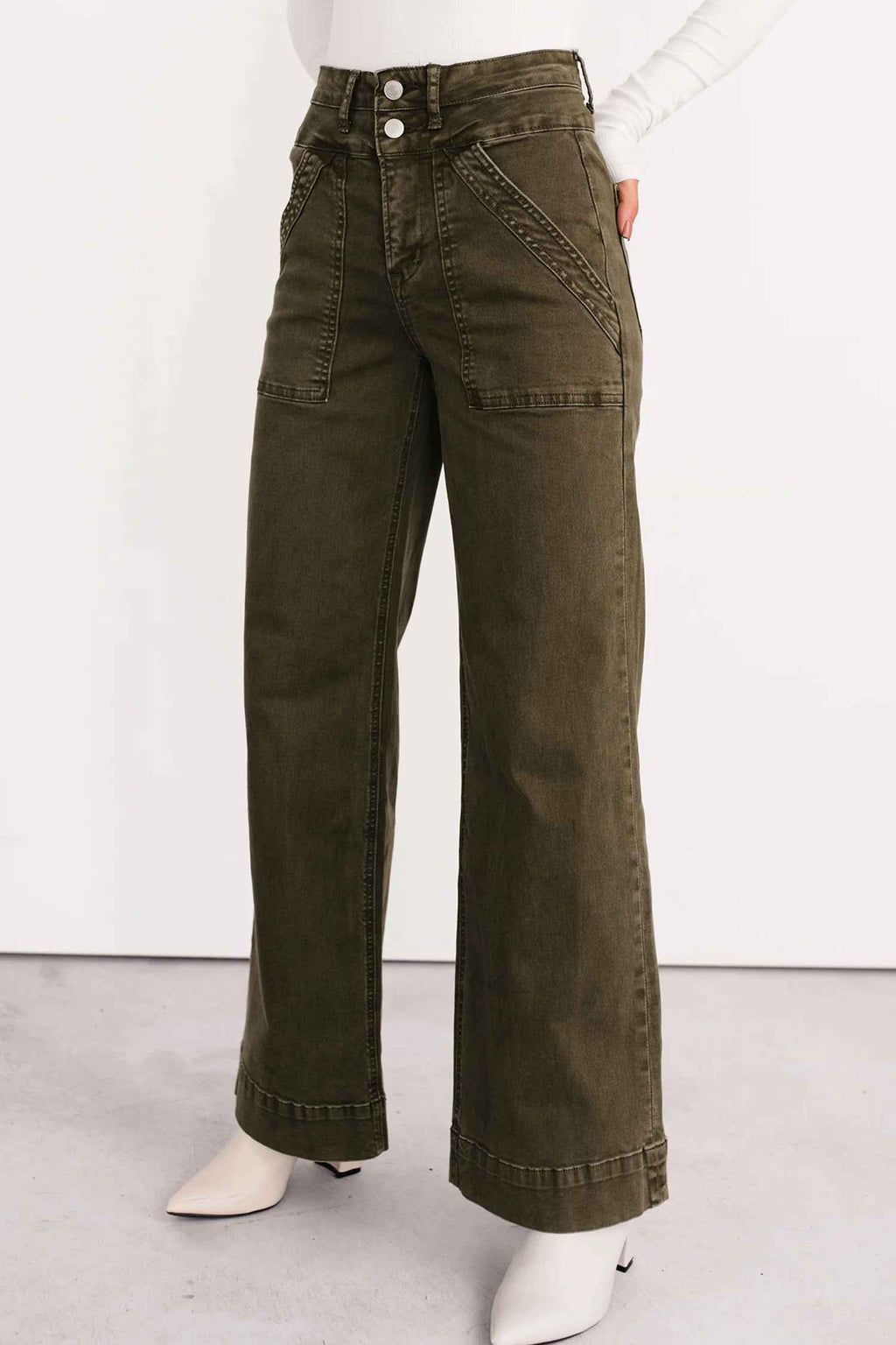 Jungle Green Double Waistband Loose Straight Jeans ae95f3b2fa6fa796