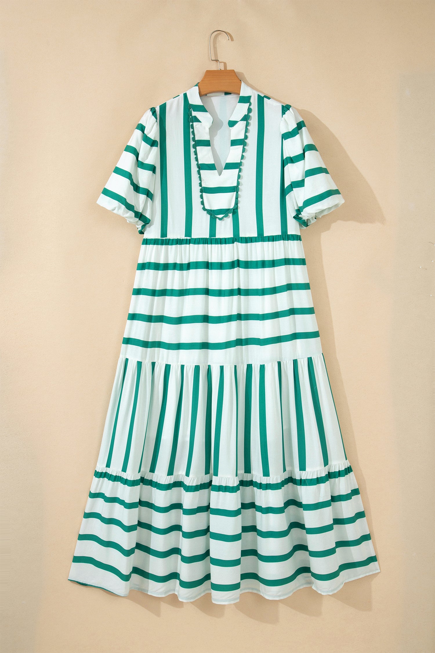 Green Stripe Ricrac Trim Notched Neck Half Sleeve Vacation Dress ae98287e919910b2