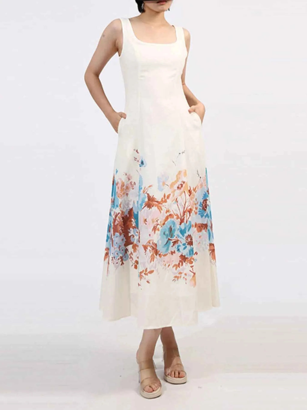 Cutout Back Printed Square Neck Dress Cream ae9c4f44-59fa-47c6-9ce4-ec57ee6a6557-Max-Origin