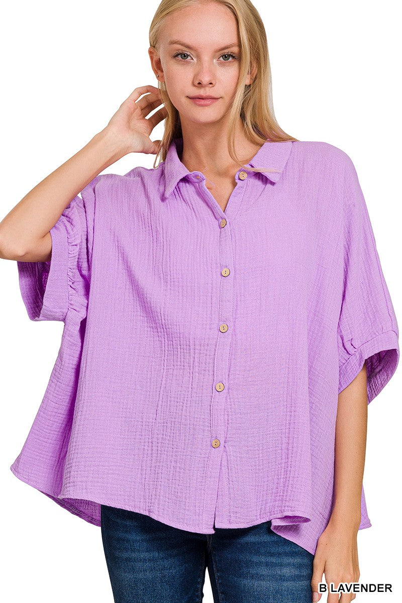 Zenana Double Gauze 3/4 Sleeve Button Up Shirt ae9cf148f5f3401aa1be060cf4d1742e-Max