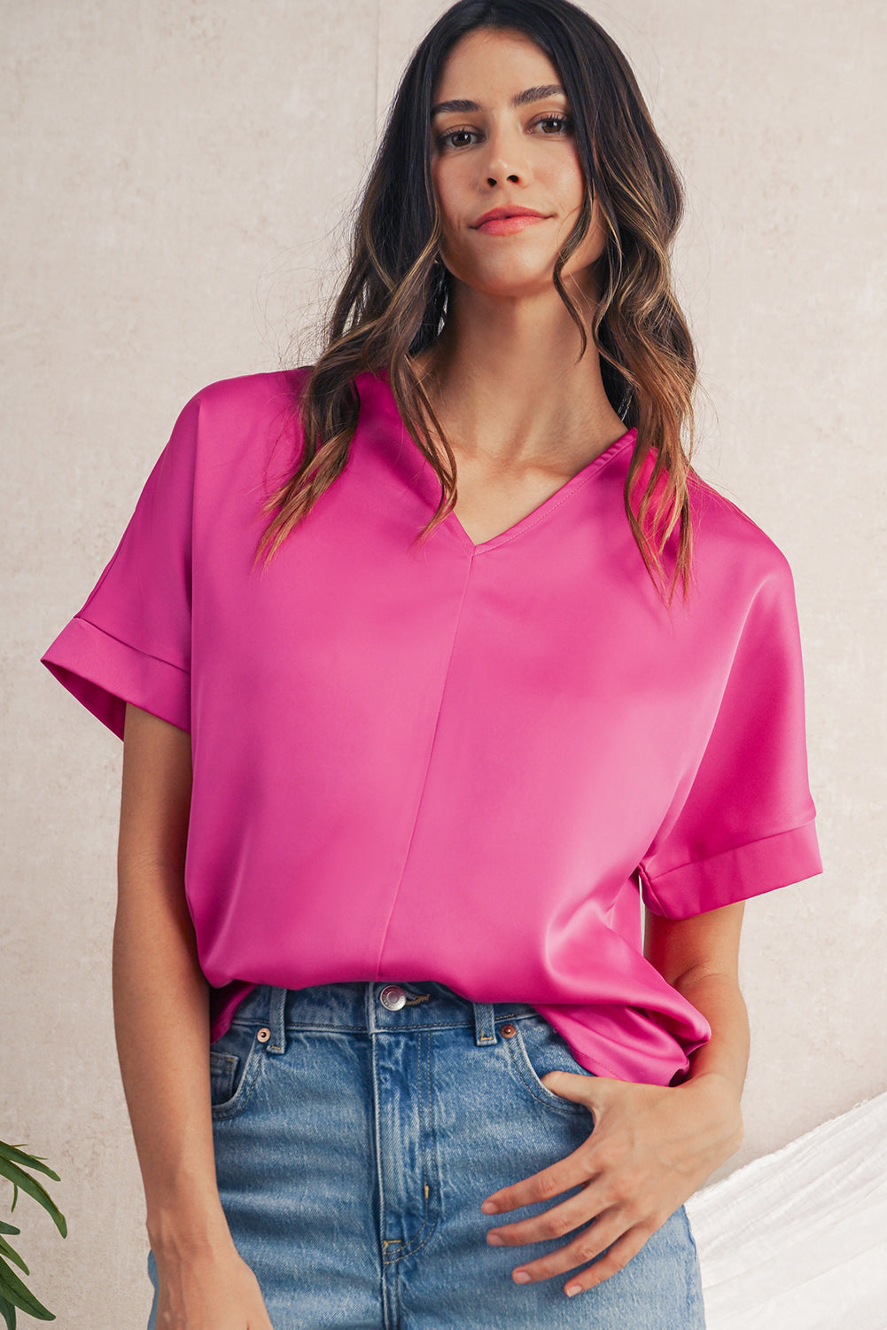 Bright Pink Plain V-Neck Dolman Sleeve Loose Top aea6446e18a9ce2c