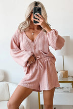 Gossamer Pink Cable Knit V Neck Cardigan Shorts Set aea703de31b3eeb5