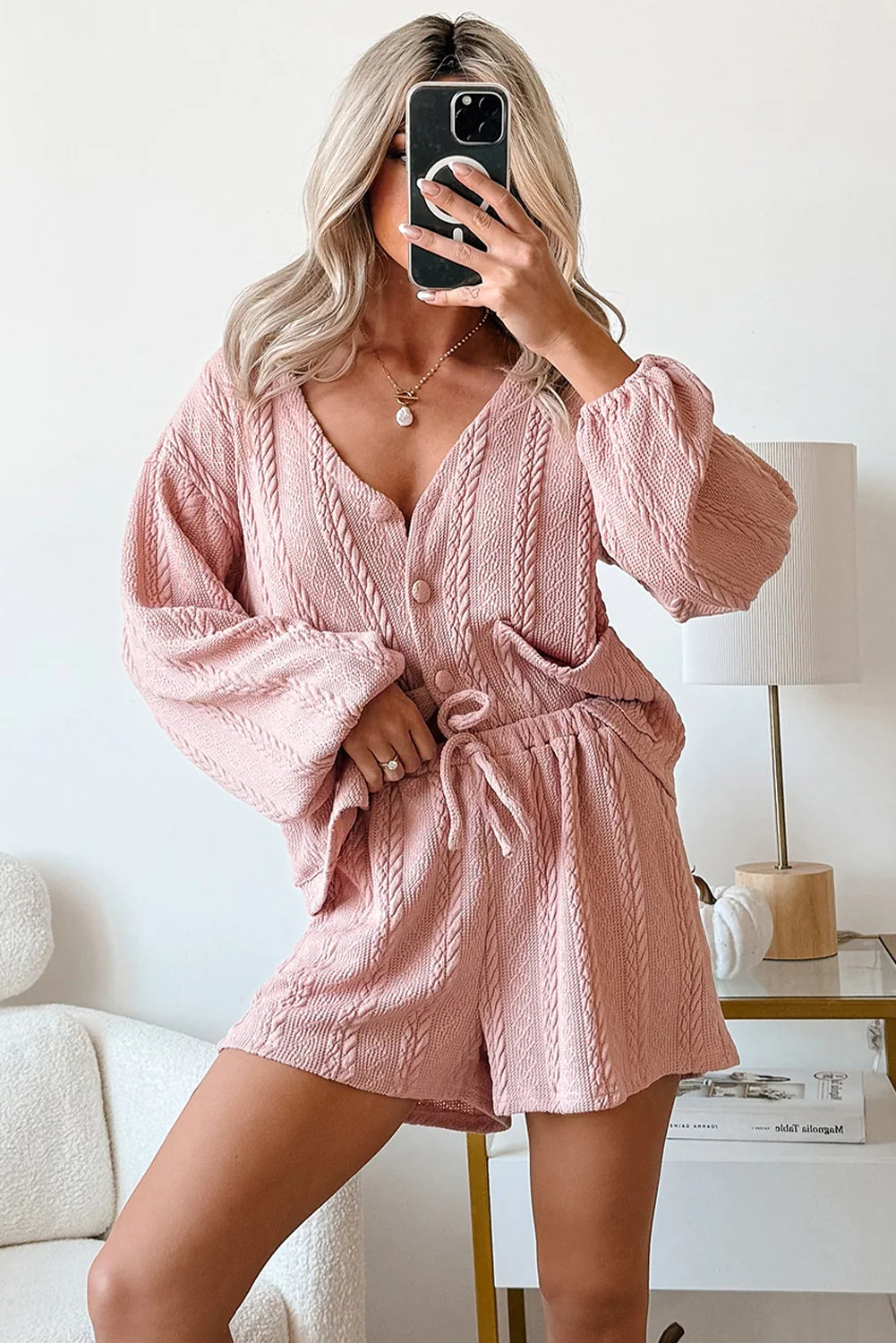 Gossamer Pink Cable Knit V Neck Cardigan Shorts Set aea703de31b3eeb5