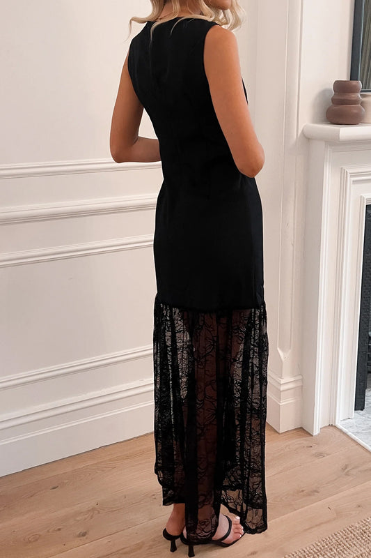 Black Solid Color Sleeveless Sheer Floral Lace Patchwork Long Dress aead95489931594e