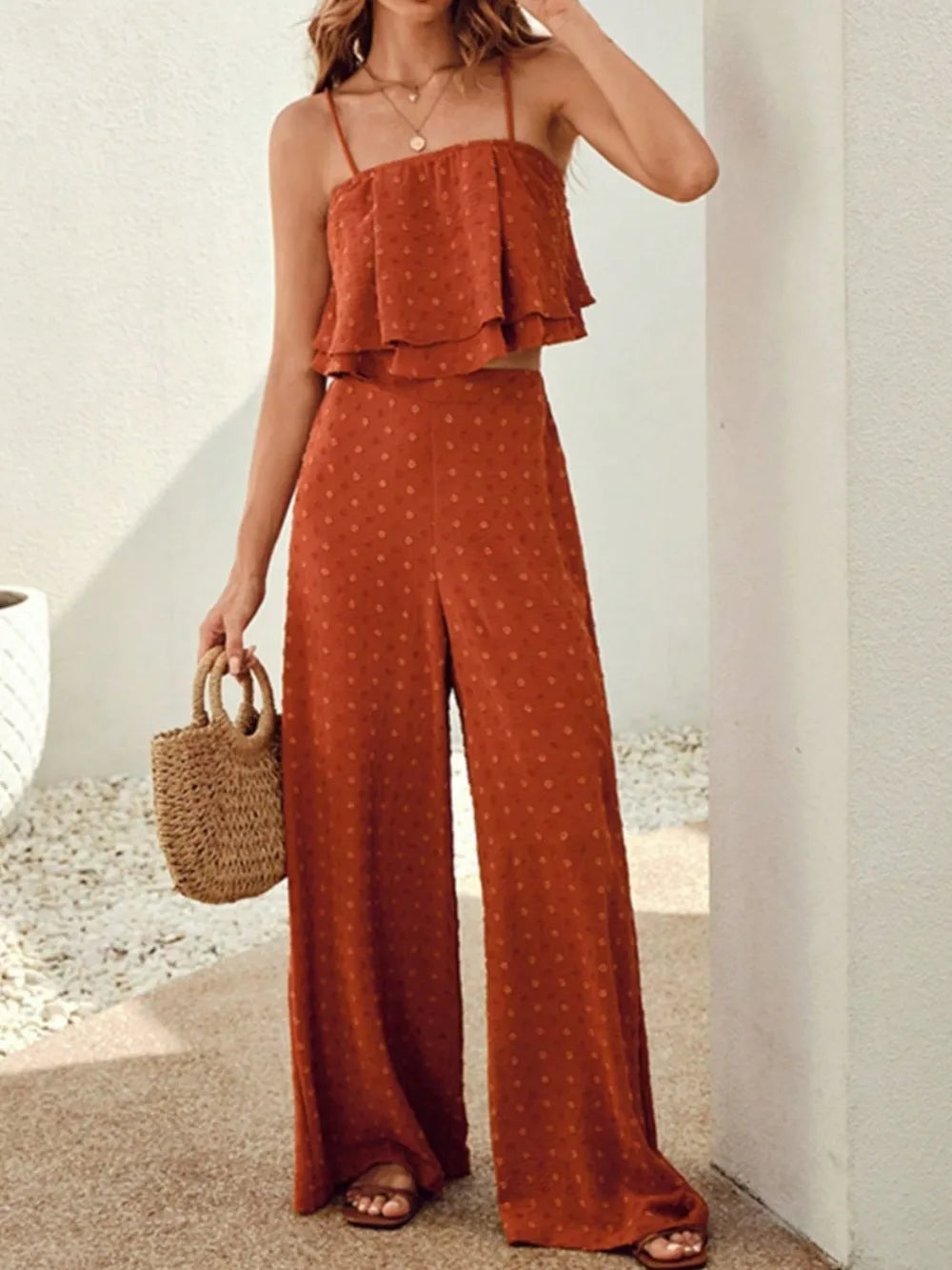 Swiss Dot Layered Cami and Pants Set Orange-Red aeada8a0-fdba-461e-b8e7-84f15406e654-Max