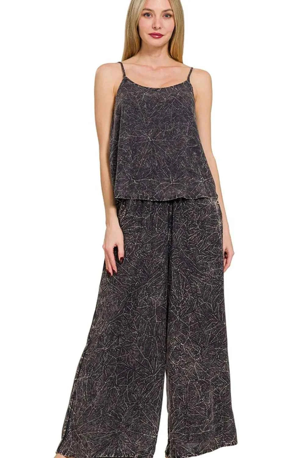Zenana Woven Acid Crinkle Washed Cami & Pants 2 Piece Set ASH BLACK aeae9473-6700-46d5-b04e-8704981c51e4-Max-Origin