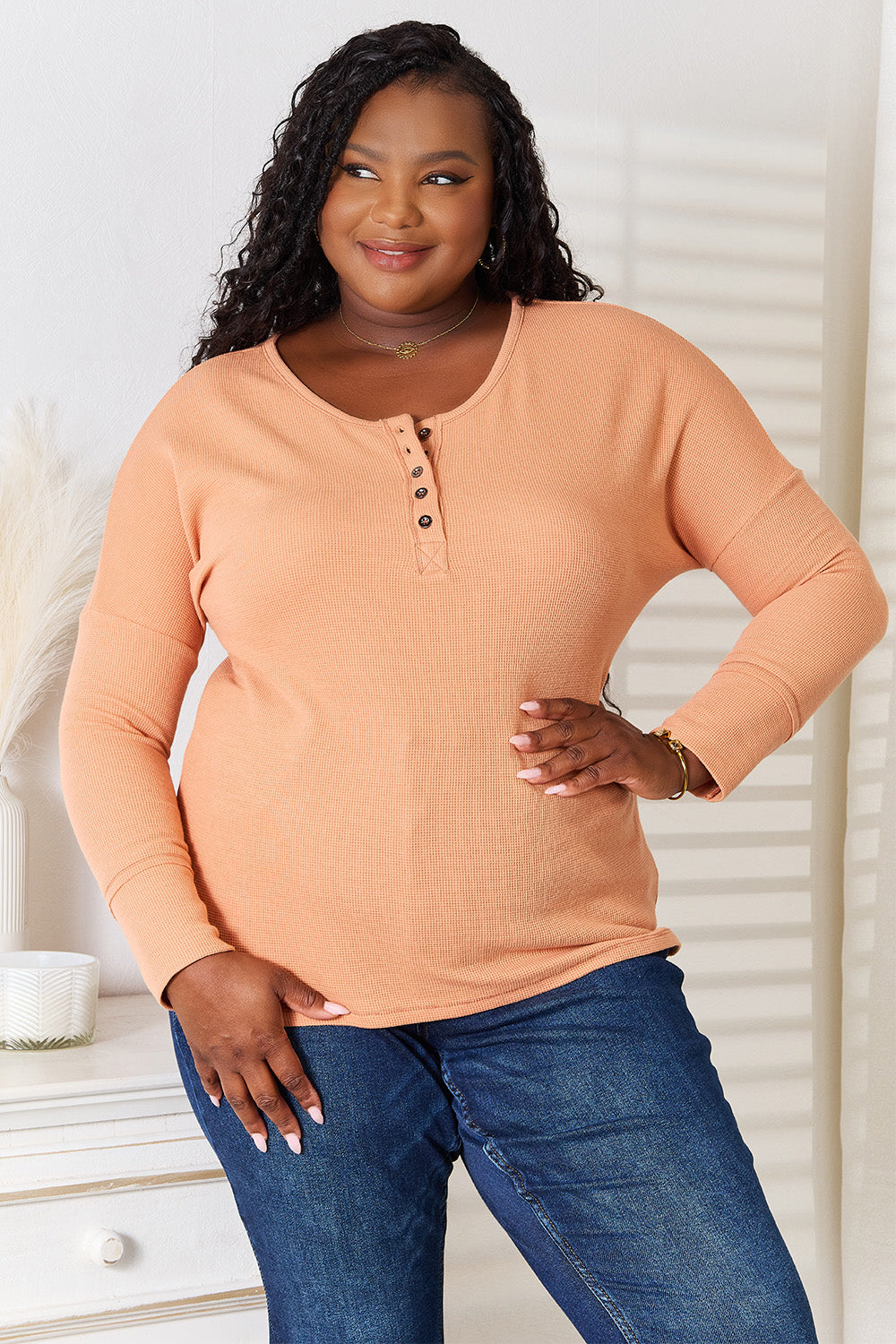 Basic Bae Half Button Long Sleeve Top aeb22f4a3cbe45399fa9056c4f6a68e0-Max