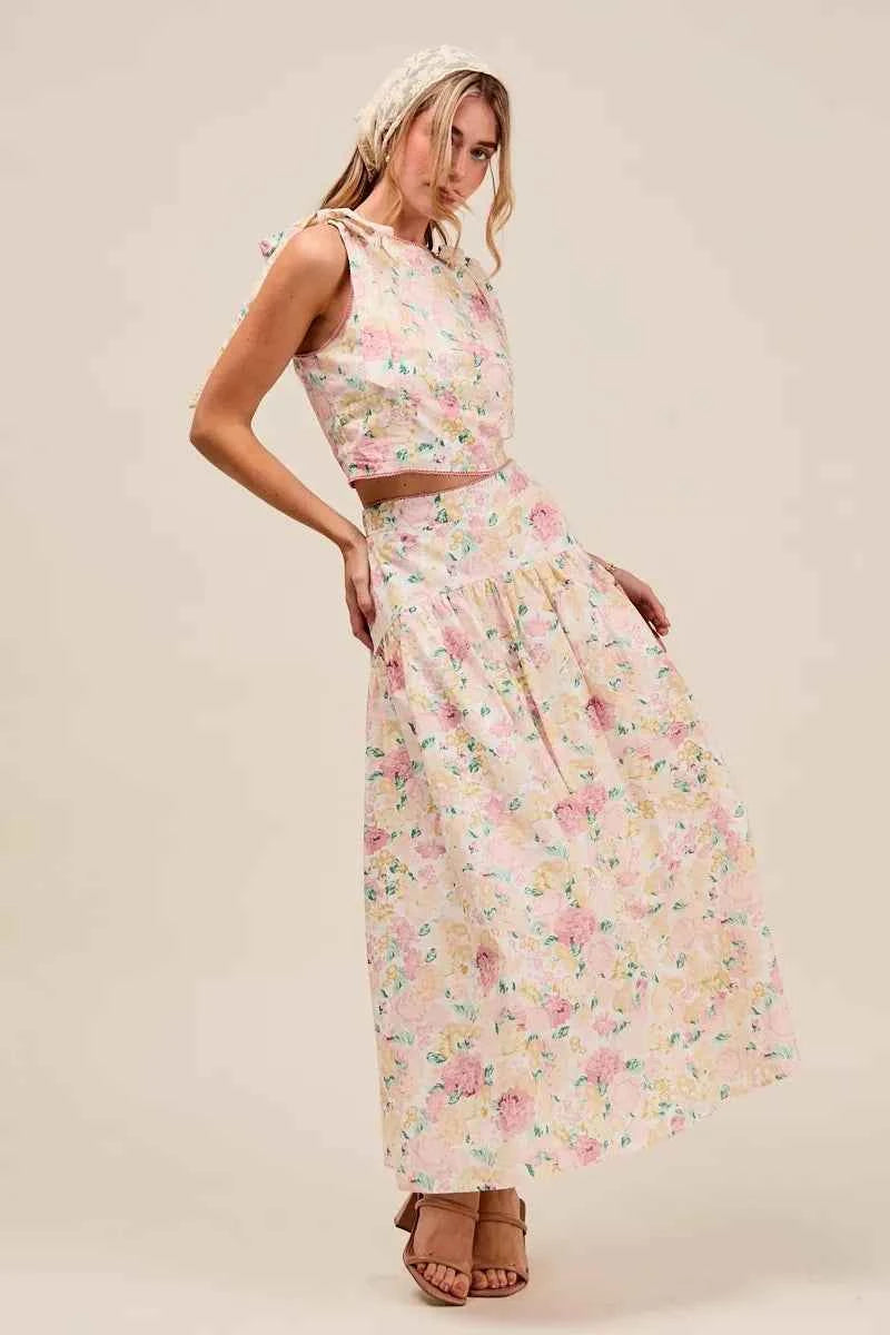 SO ME Floral Printed Woven Shoulder Bow Tie Top and Skirt Set aeb306226c4c47b6bd681de96c920d01-Max-Origin