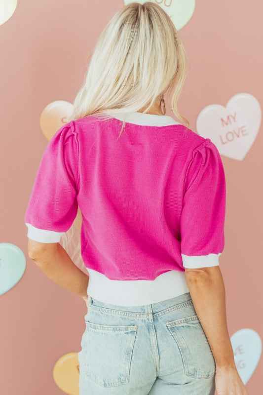 Valentine XOXO Embroidered Puff Sleeve Sweater Tee aeb316a9-91a8-4b78-8015-922422c5a9f4