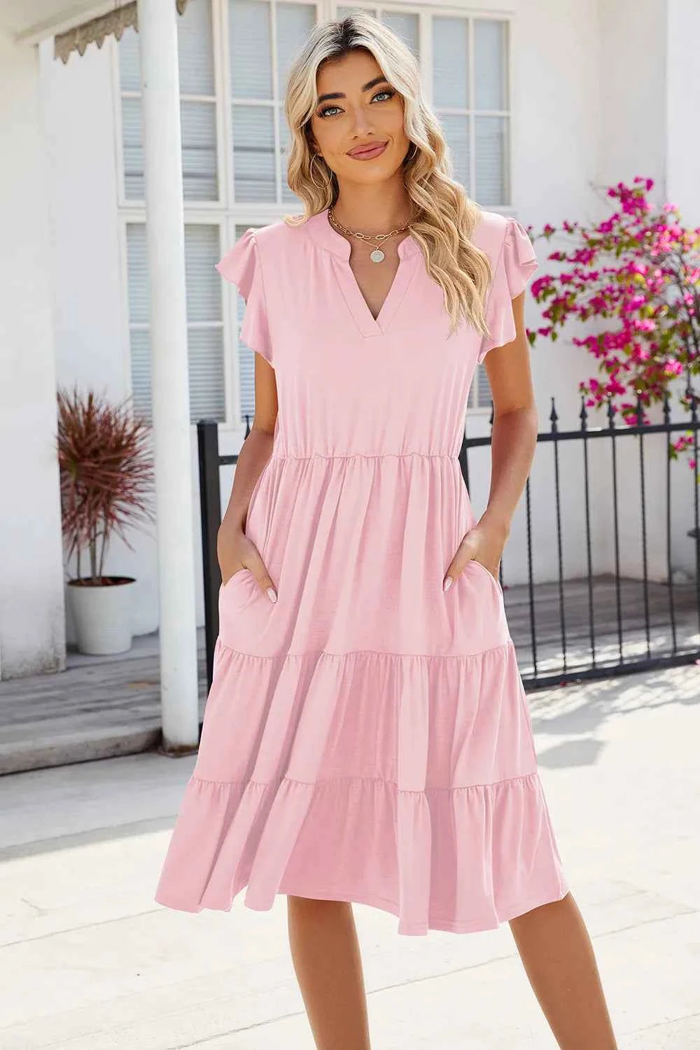 Ruched Notched Cap Sleeve Dress aeb51ce2-242c-4e03-b81c-65d2aa7caaa2-Max