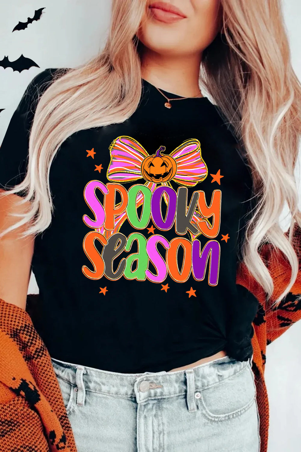 Black SPOOKY SEASON Halloween Pumpkin Bow Heat Transfer Printing T Shirt aeb6bd1248689642