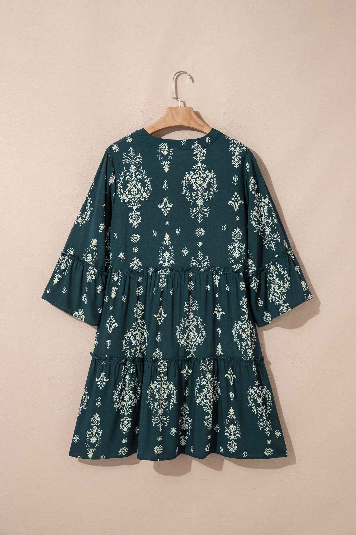 Sky Blue Boho Floral Print Lettuce Trim 3/4 Sleeve Mini Dress aeba77600c45c89c
