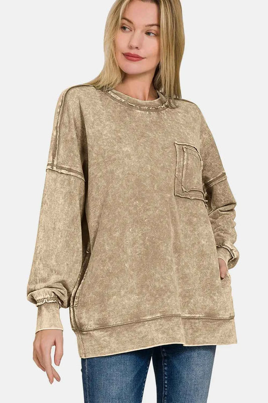 Exposed Seam Round Neck Dropped Shoulder Sweatshirt aebea507-9ad0-4395-a9ed-e70ef5e6eeb9-Max