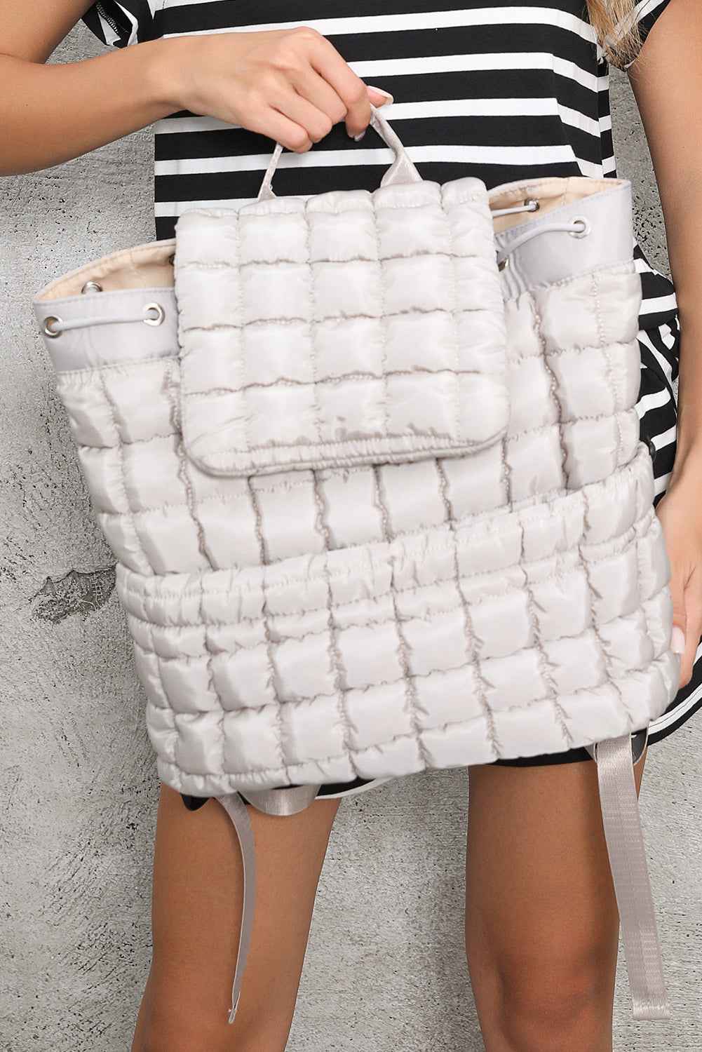 Medium Grey Solid Flapped Quilted Puffer Backpack aec06ada4baea7c1