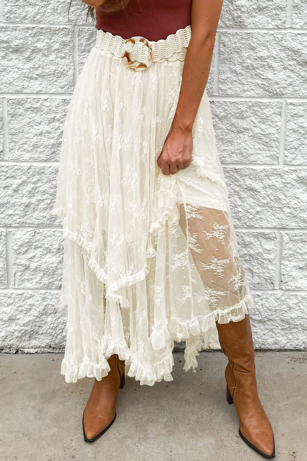 Apricot Lace Cascading Tiered High Waist Maxi Skirt aec16a329856f5a8