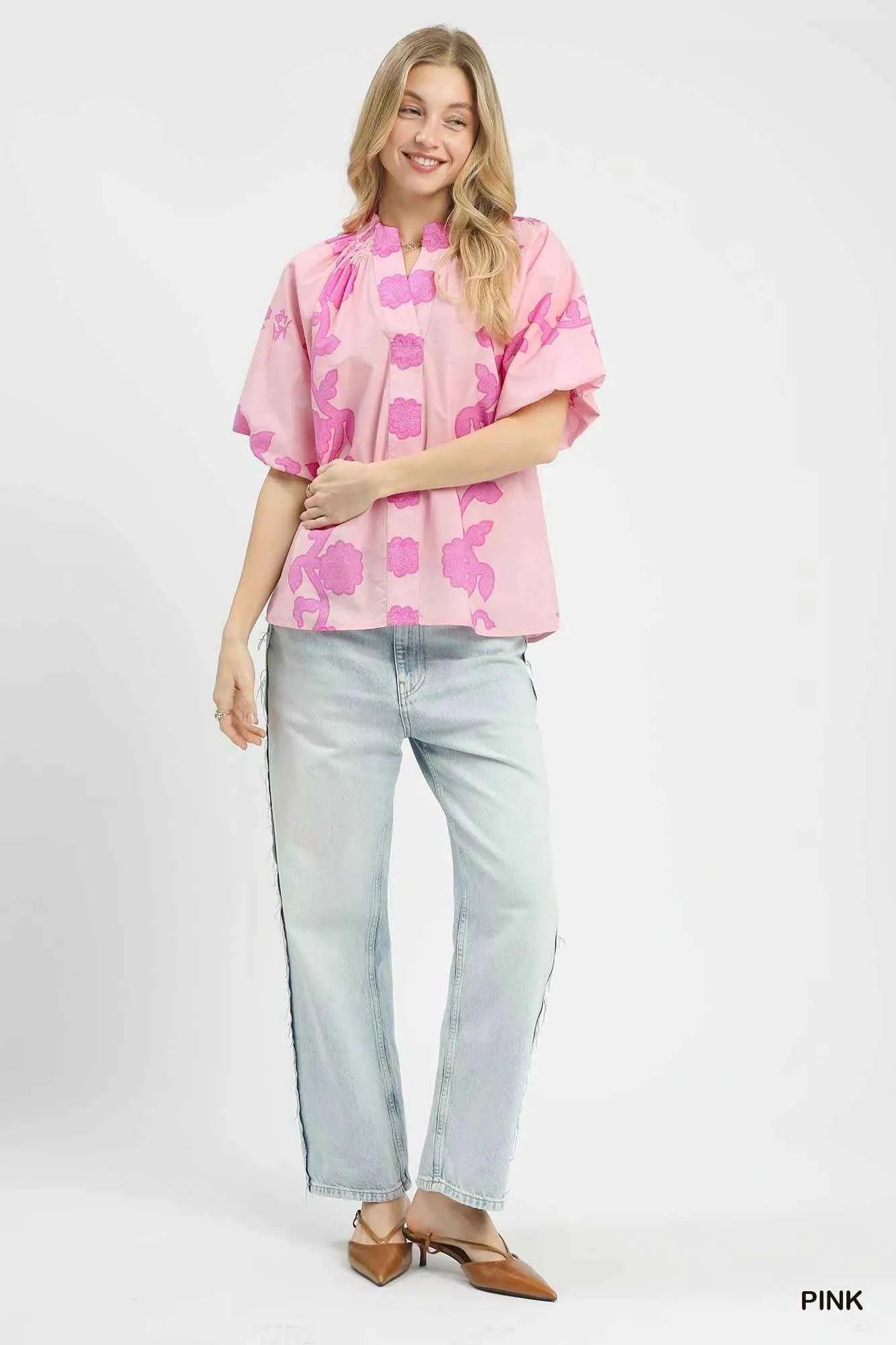 Umgee Floral Smocked Notched Puff Sleeve Blouse aec18a34-7cb7-42f4-8963-f9cc253aa79c-Max-Origin