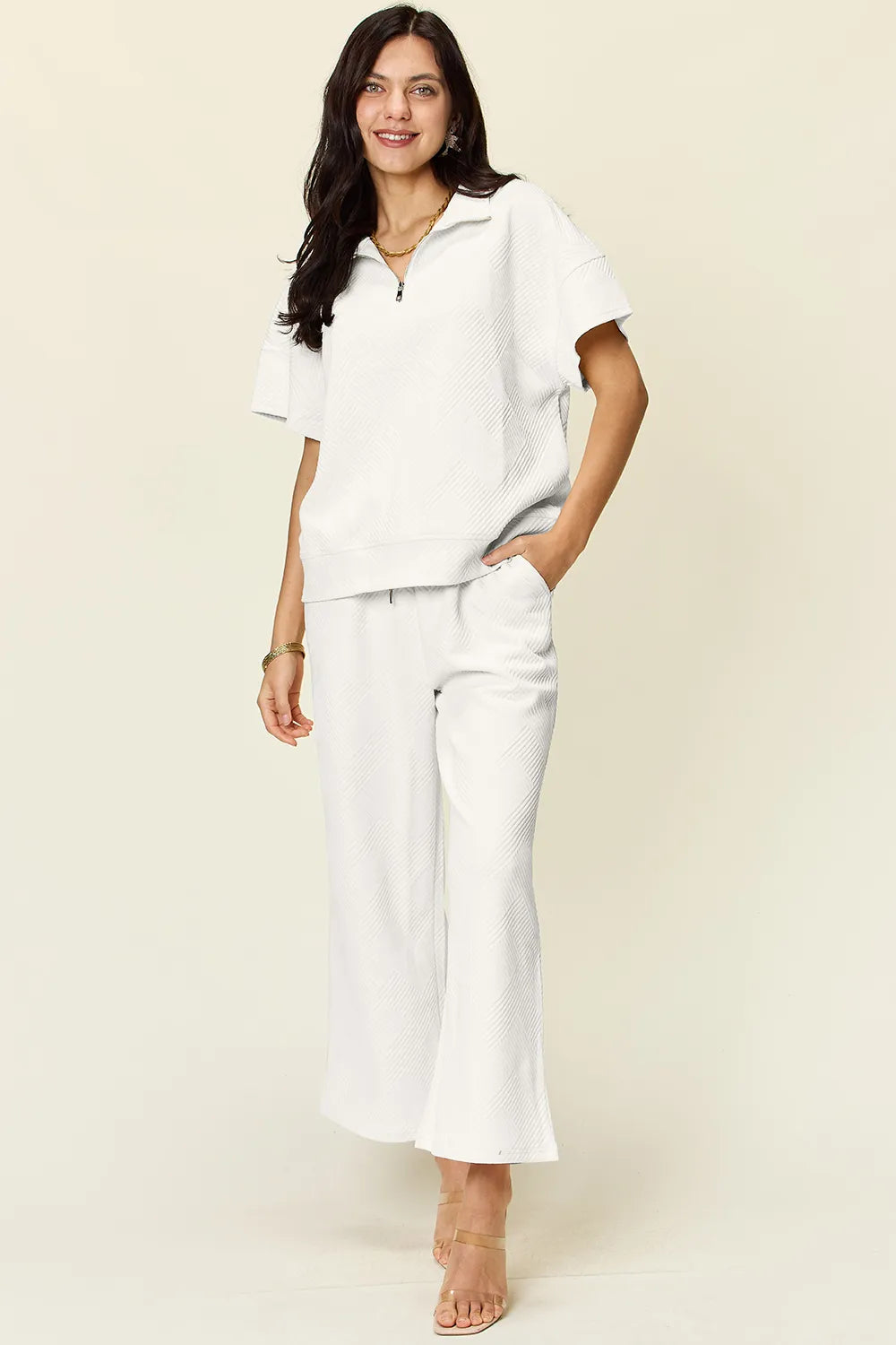 Double Take Full Size Texture Half Zip Short Sleeve Top and Pants Set aec3d70a-abd3-4f6c-8afa-6eaa34a676cb-Max