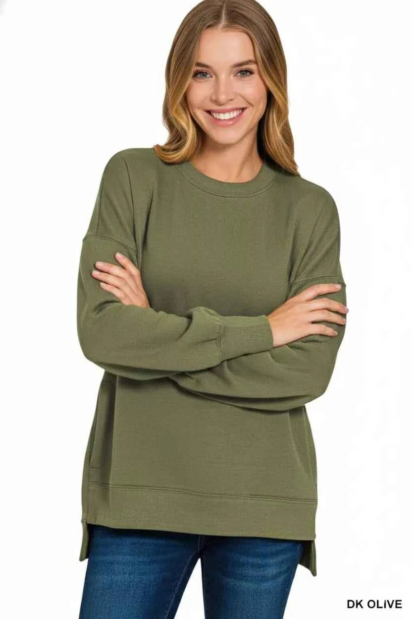 Zenana Fleece Hi-low Boyfriend Sweatshirts with Pockets DK OLIVE aec6b012-63f4-4fd7-9126-c1386afa0b4a-Max-Origin