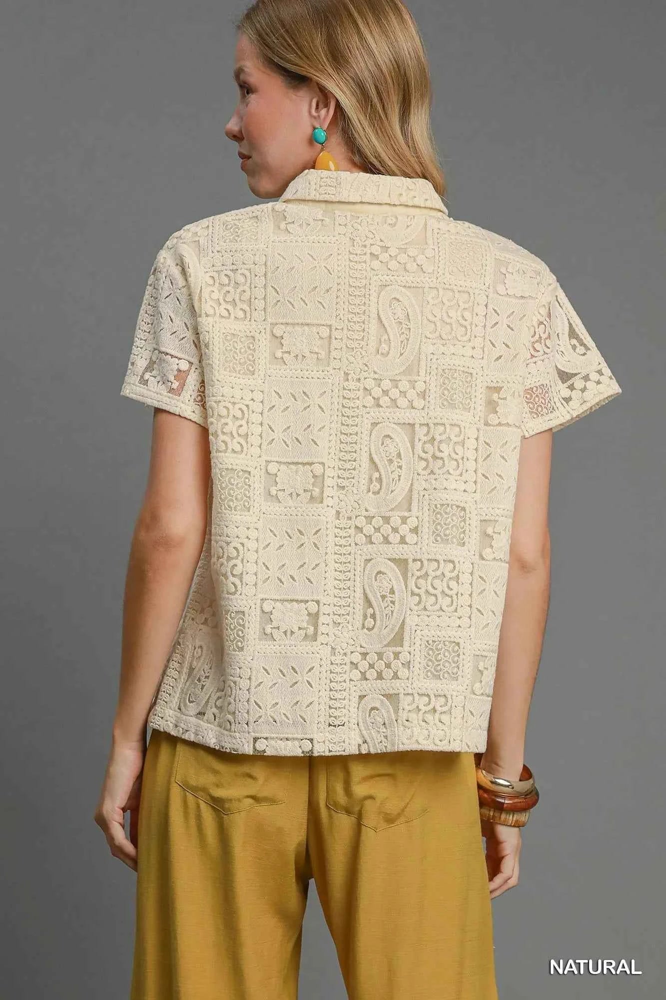 Umgee Patch Lace Short Sleeve Button Down Shirt