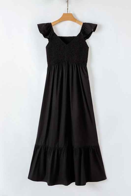 Solid V-Neck Flutter Sleeve Ruffle Maxi Dress aec9a974-8f4e-4f87-b1b2-4026b00dc43b