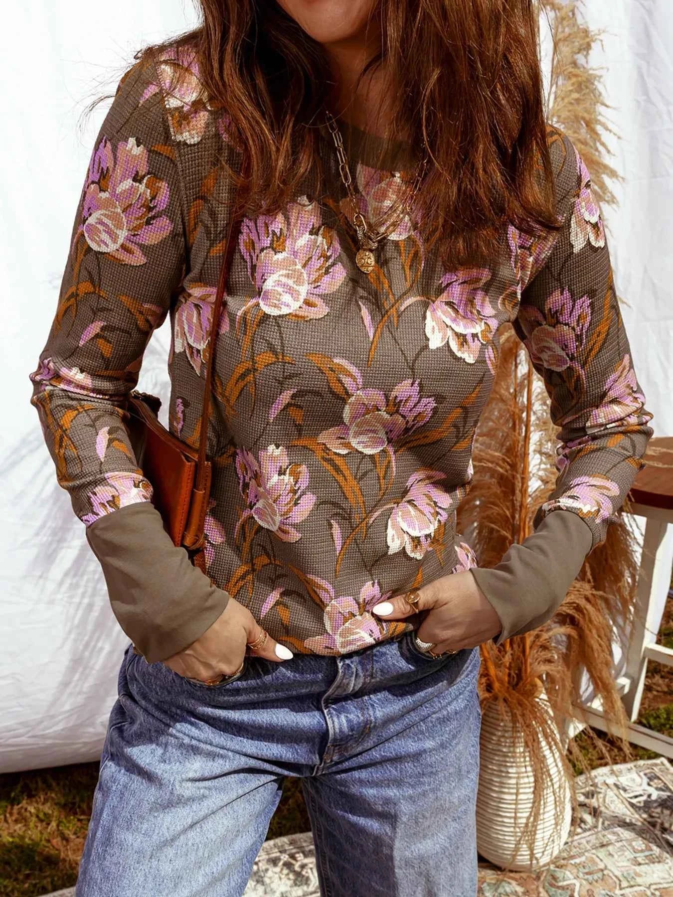 Floral Print Waffle Textured Long Sleeve Top aece756ee59143e09eb6c0b32a7df58f-Max-Origin
