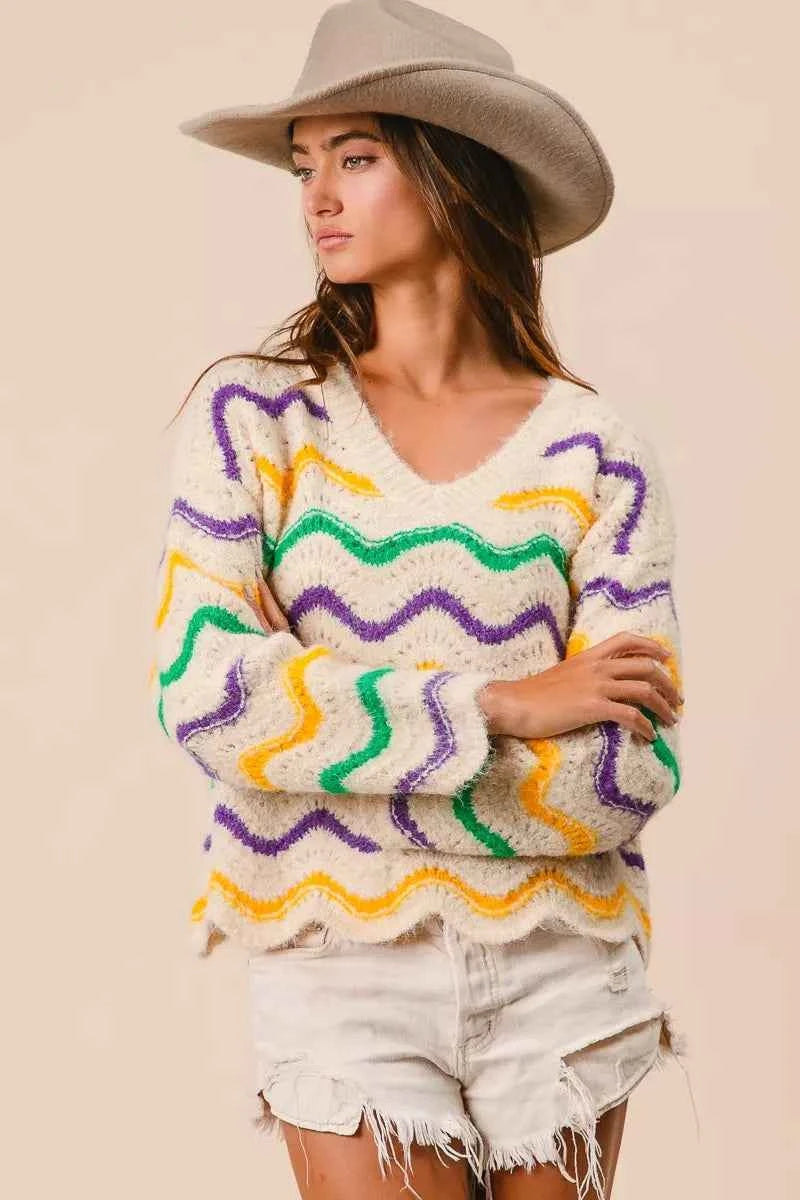 BiBi Mardi Gras Wavy Stripes V-Neck Sweater aed311dad2aa42d6846ed52c6b9b77dd-Max-Origin