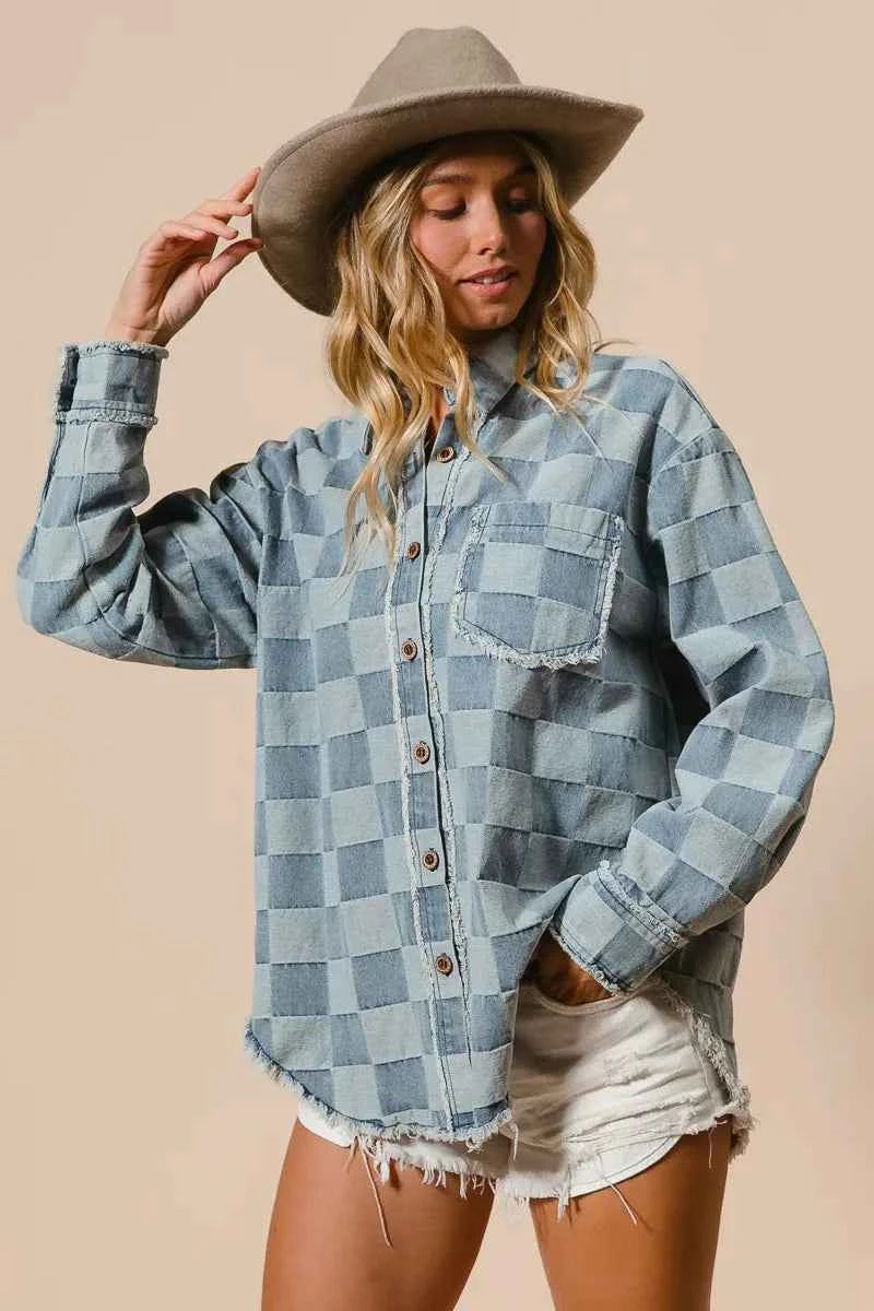 BiBi Frayed Edged Detail Washed Checker Denim Shirt DENIM aed32e245c2b4ca086232e391f217c74-Max-Origin