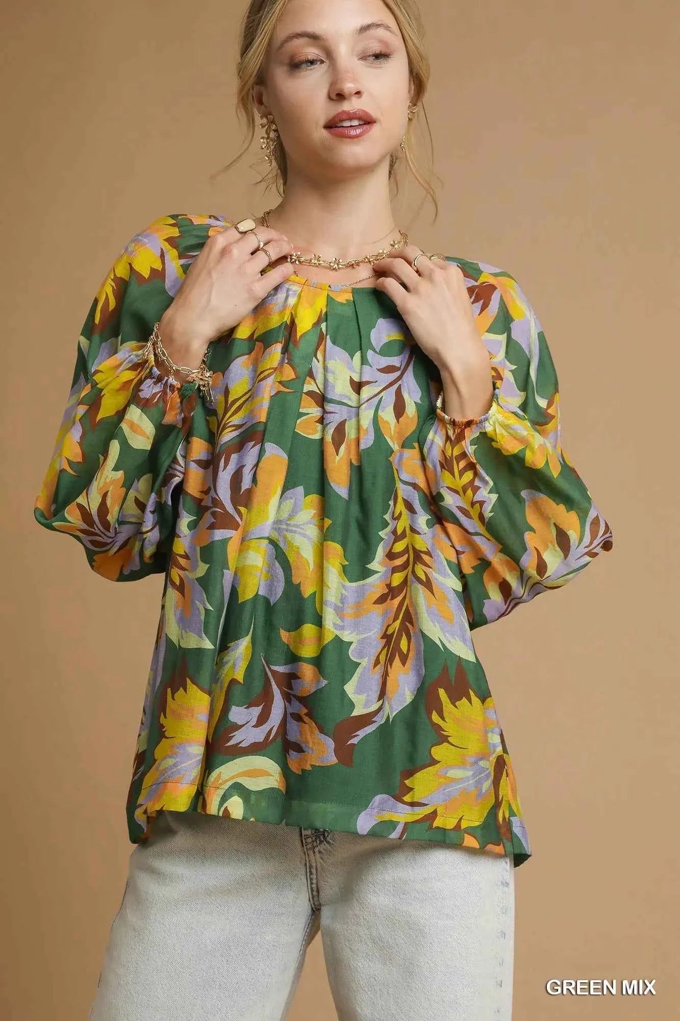 Umgee Mix Abstract Print Balloon Sleeve Blouse GREEN MIX aedb69e0-f9fb-4d54-8fd3-75ea303169f6-Max-Origin