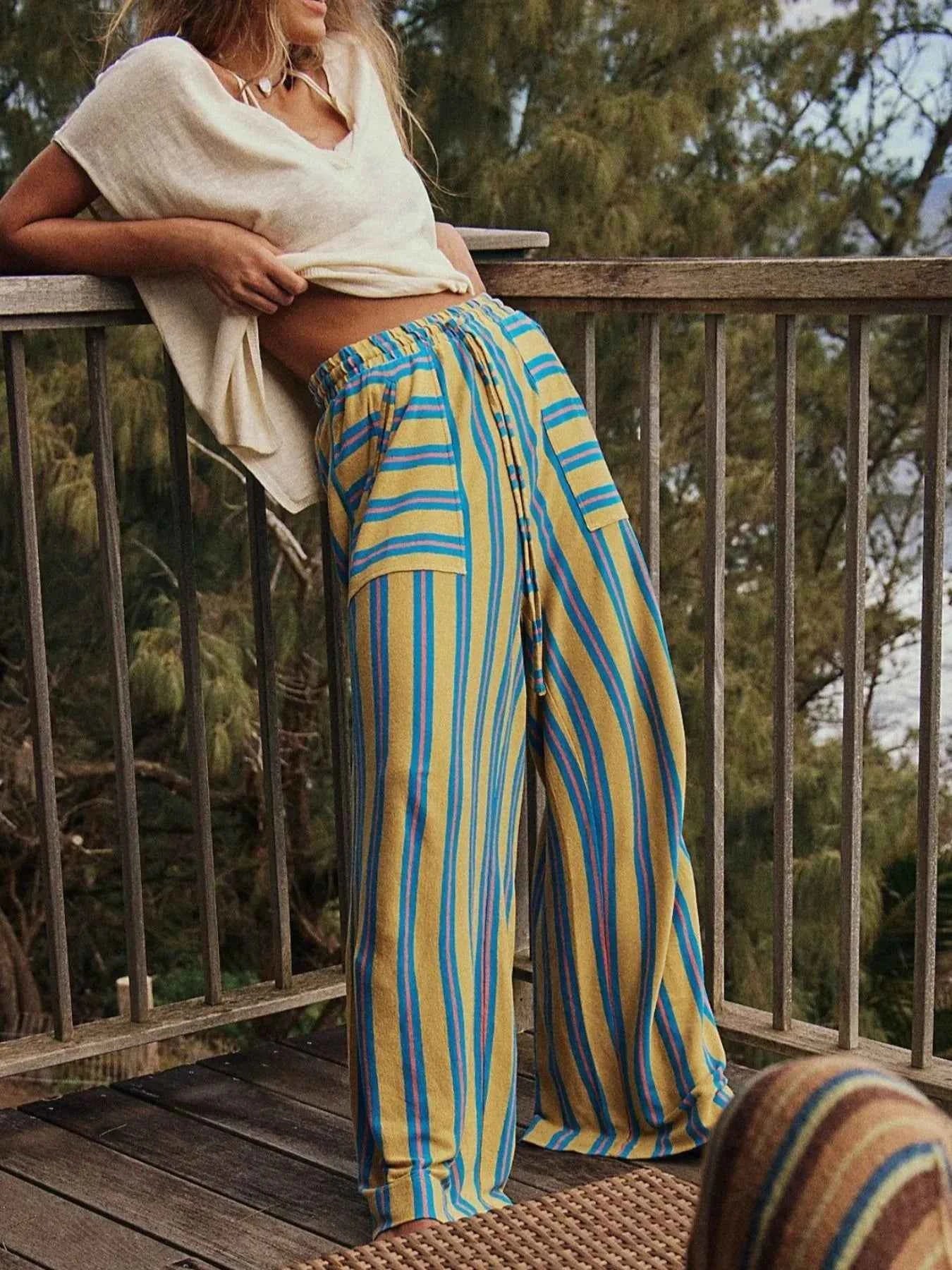 Striped Wide-Leg Drawstring Pants