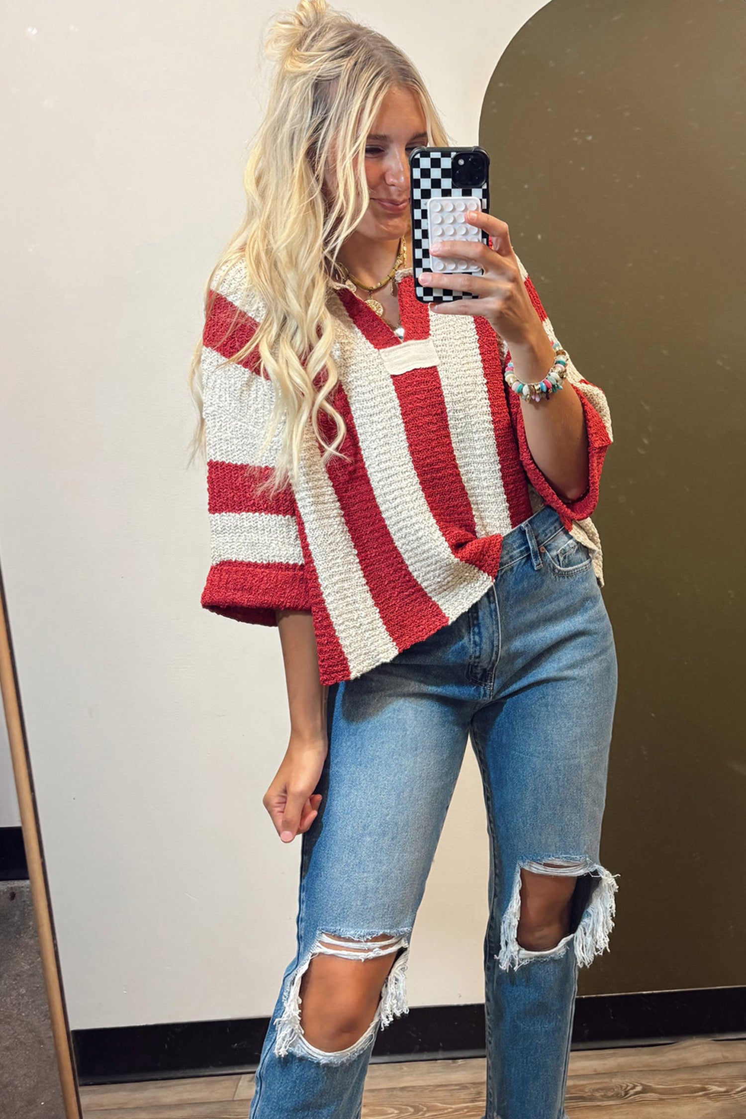 Red Stripe Colorblock V Neck Bracelet Sleeve Sweater aeebbe70e7c483ac