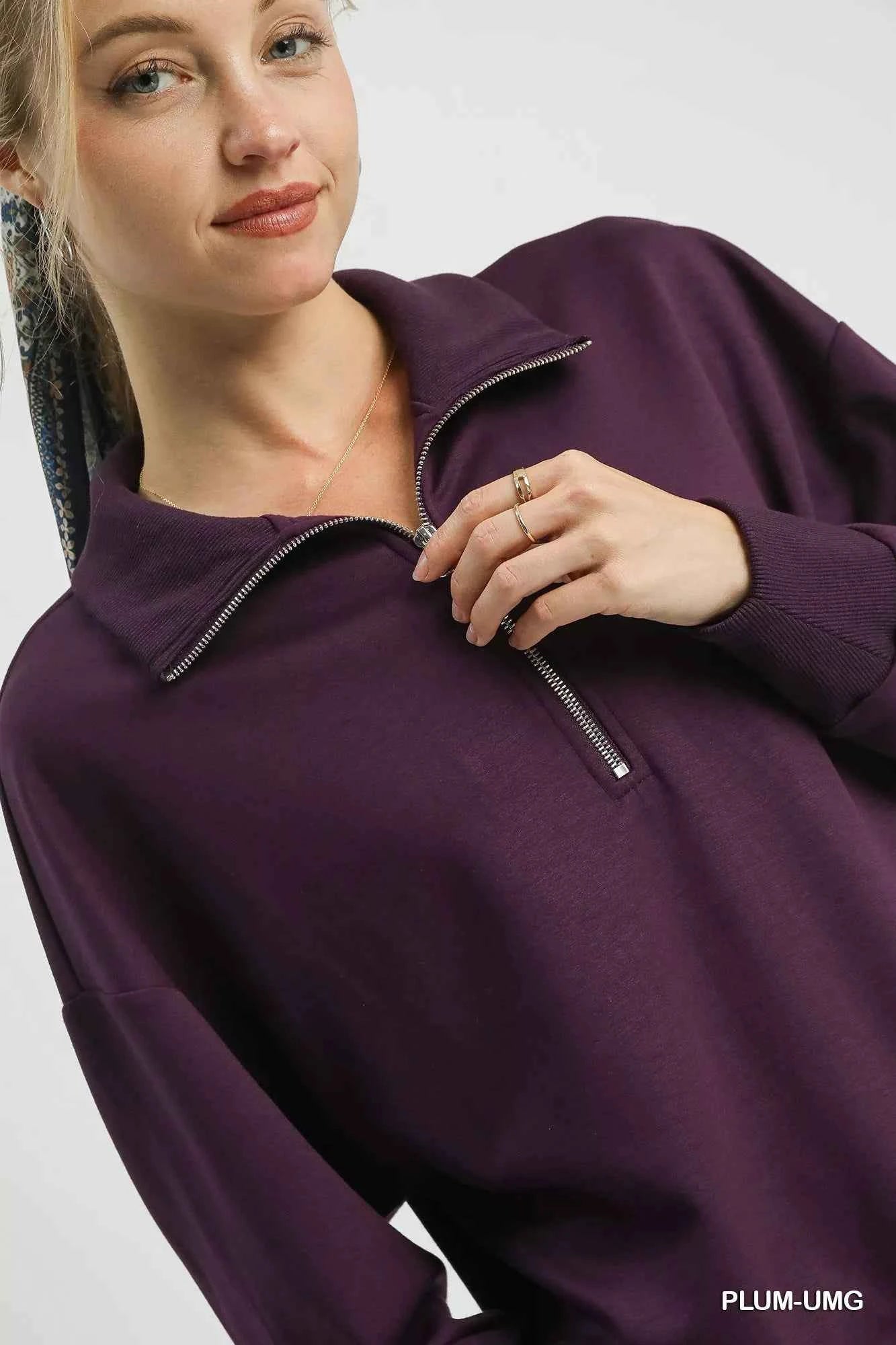 Umgee Half Zip Drop Shoulder Sweatshirt aeec09a4-67b2-4d36-9488-36e0927ba0dc-Max-Origin