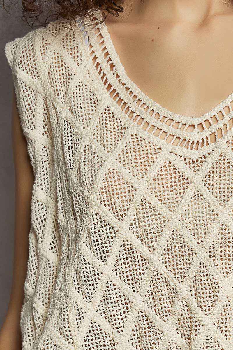POL V-Neck Crochet Tank with Diamond Weave Knit Patterns aeef43c3-88e9-4df2-bbdd-1bbd321a176e-Max