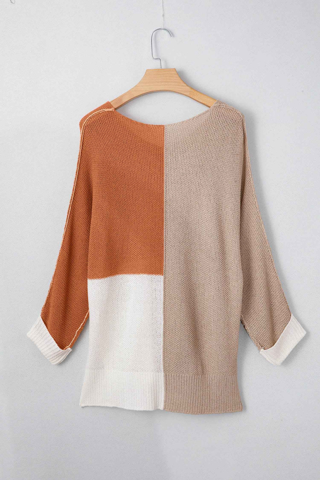 Chestnut Color Block Knit V Neck Loose Sweater aef35fa330cb588c